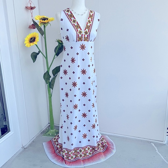 Vintage Dresses & Skirts - Vintage 60s 70s Alfred Shaheen Geometric Border Print White & Orange Maxi Dress